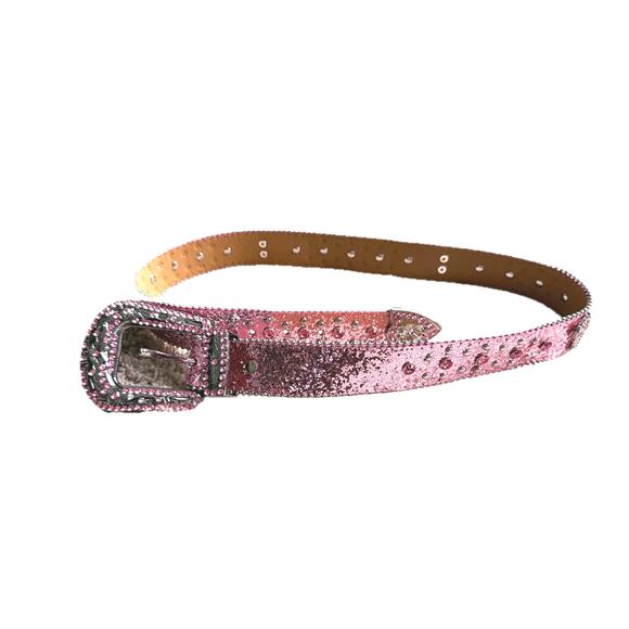Western Pink Rhinestone Studded Leather Belt Bling Cowgirl Y2K - Picture 5 of 6